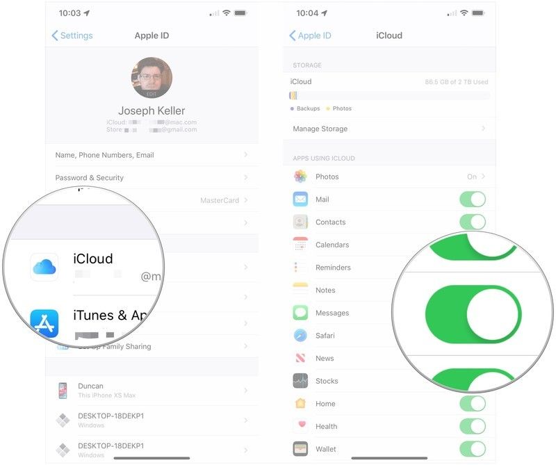 Нажмите iCloud, нажмите переключатель