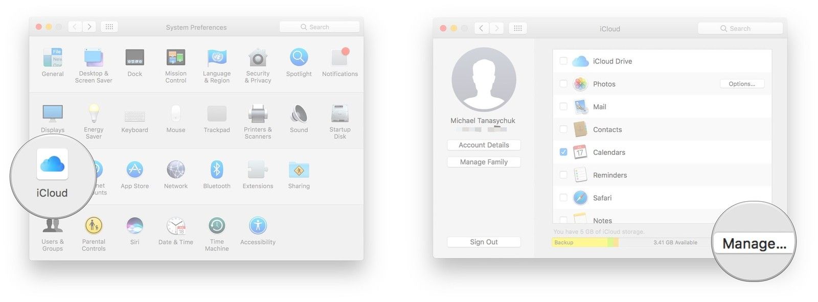 Откройте Системные настройки, нажмите iCloud, нажмите «Управление»