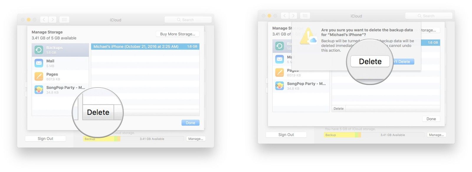 Нажмите Резервные копии, нажмите резервную копию, нажмите Удалить, нажмите Удалить, нажмите Готово