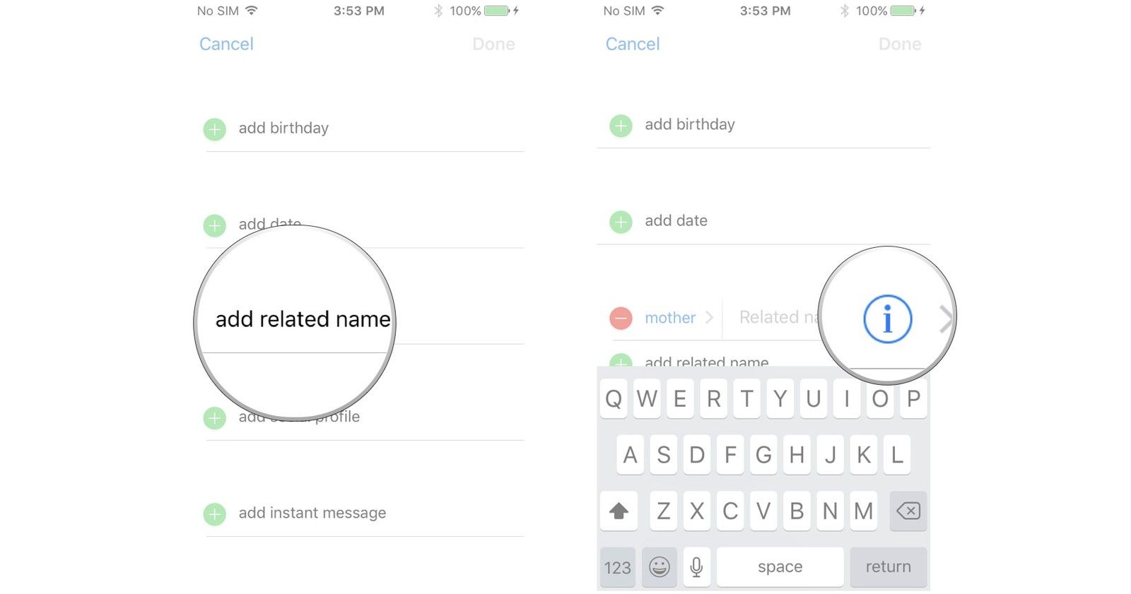 Нажмите добавить связанный, нажмите кнопку информации
