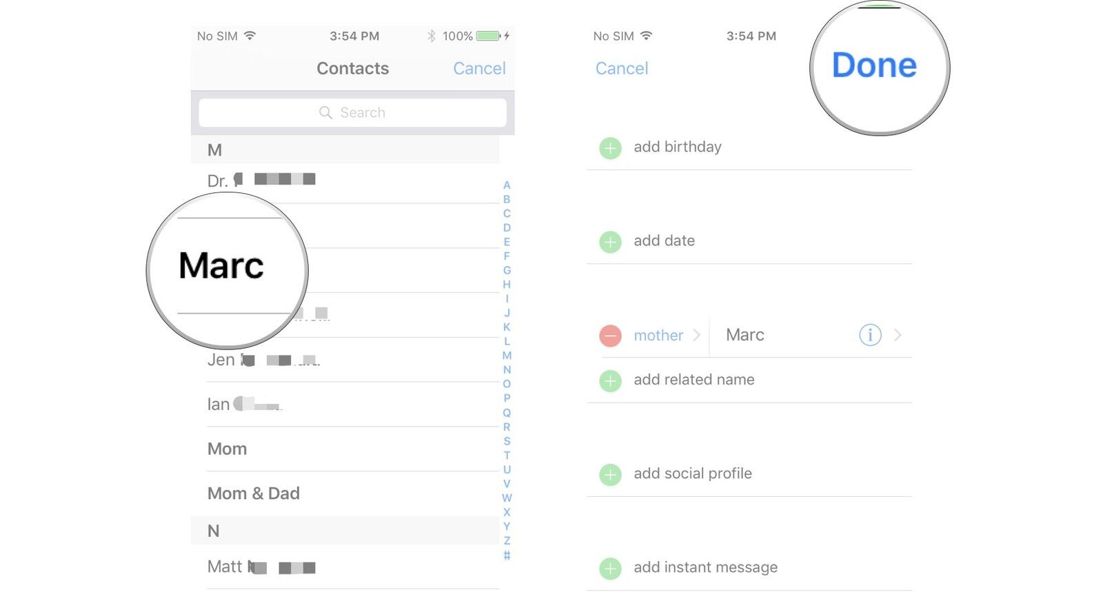 Нажмите на контакт, нажмите Готово