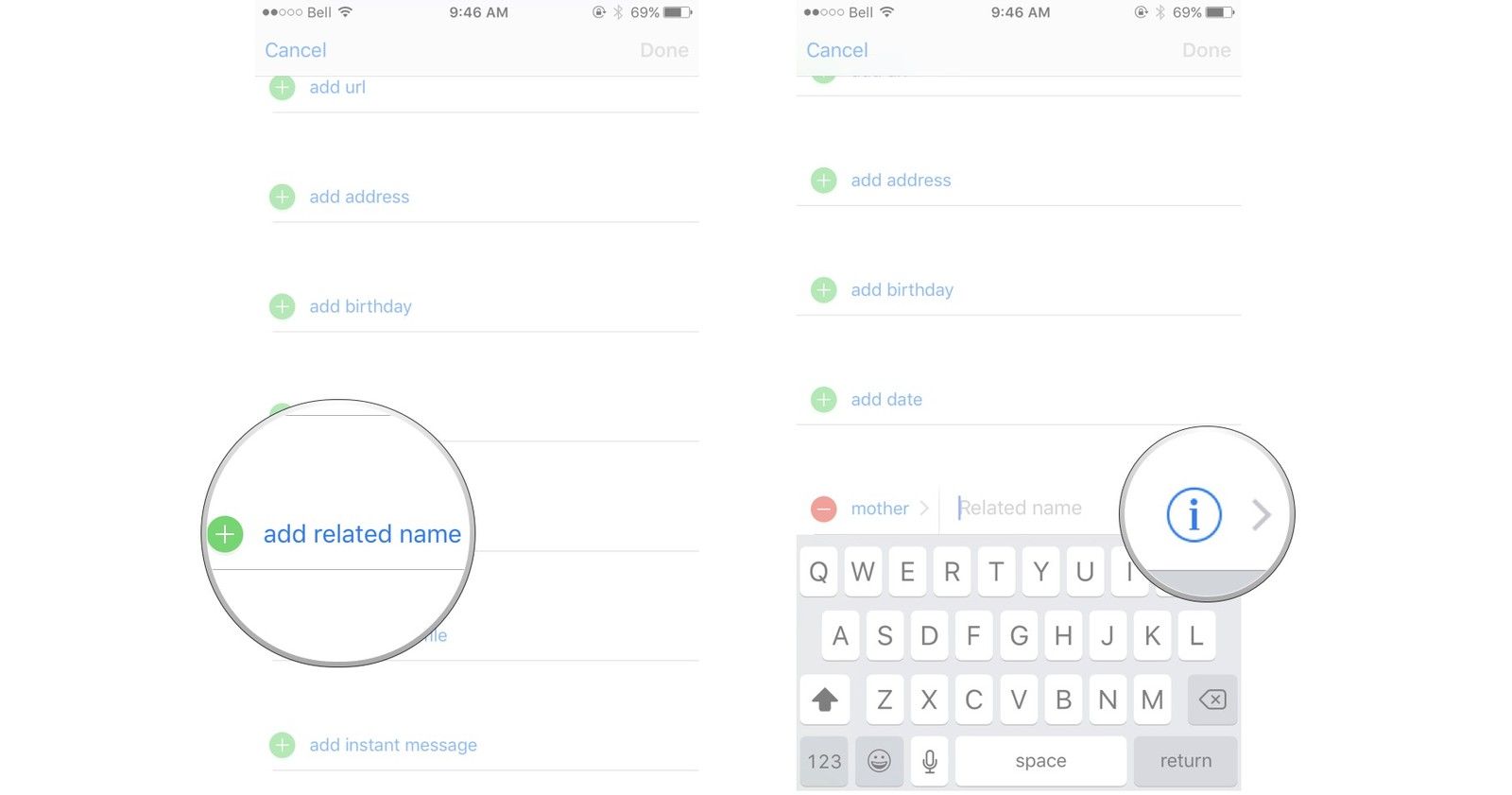 Нажмите добавить связанное имя, а затем кнопку информации.