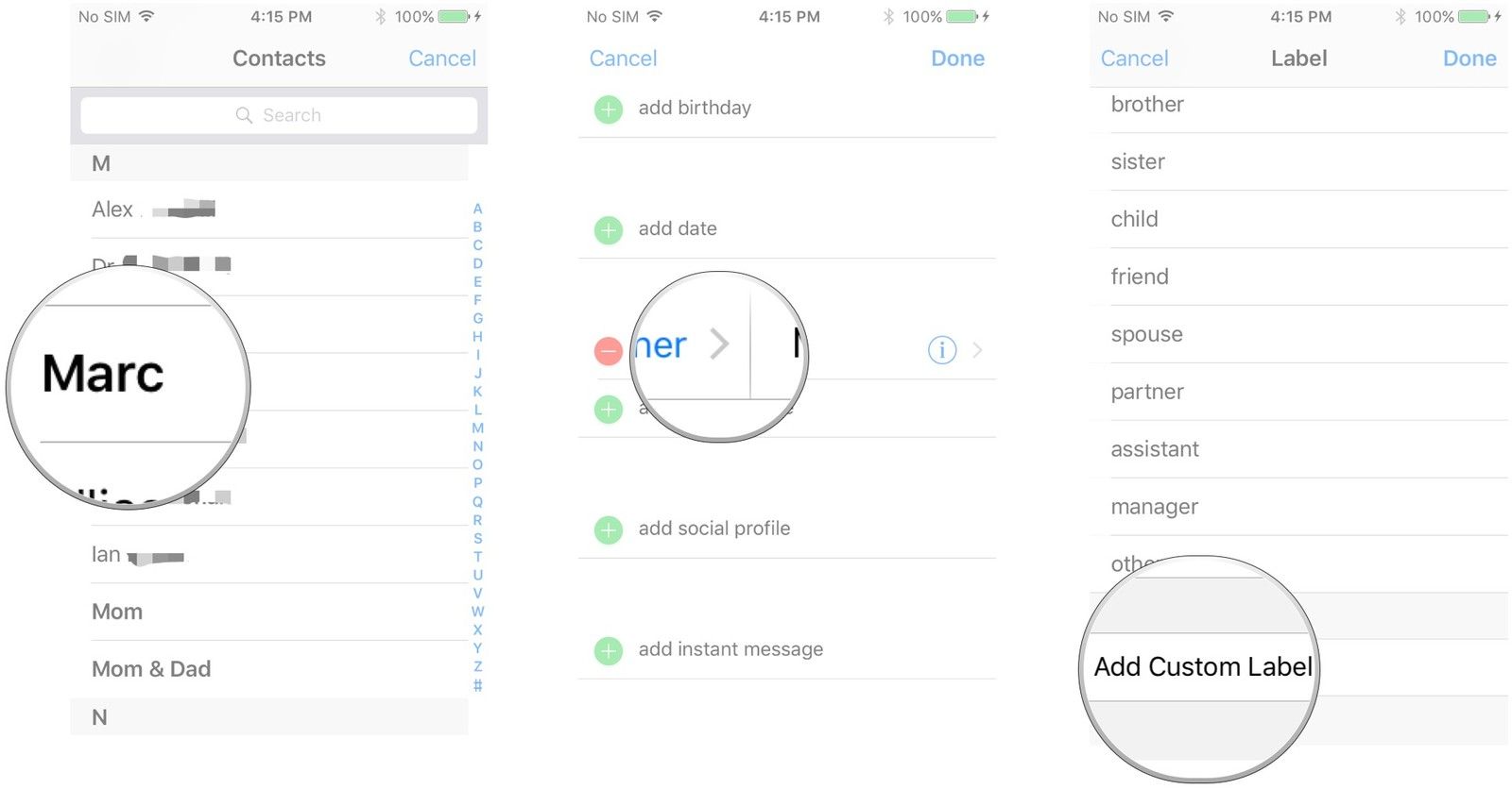 Коснитесь контакта, коснитесь стрелки рядом с меткой, коснитесь Добавить метку пользователя.