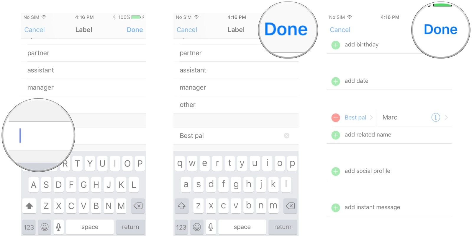 Введите пользовательский ярлык, нажмите Готово, нажмите Готово