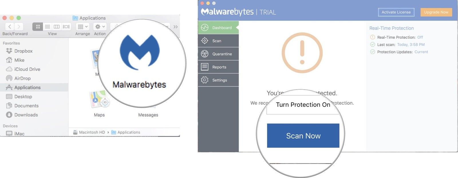 Откройте Malwarebytes, затем нажмите Сканировать сейчас