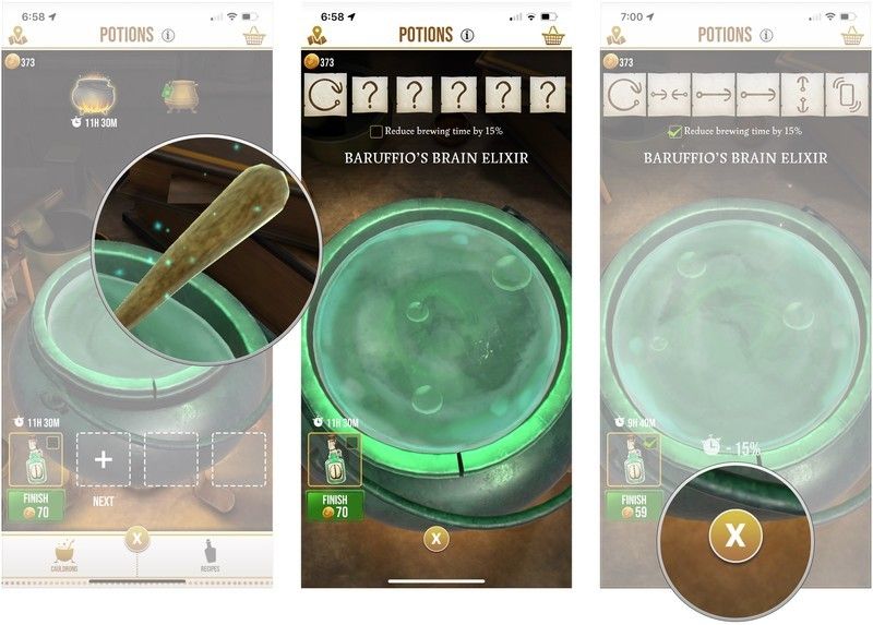 Нажмите ложку, делайте жесты в котле, нажмите X