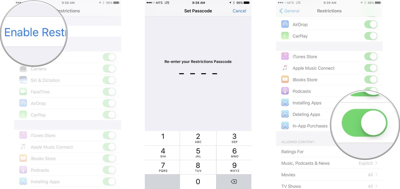 Нажмите на «Включить ограничения», выберите пароль, а затем нажмите на переключатель вкл / выкл рядом с покупками в приложении