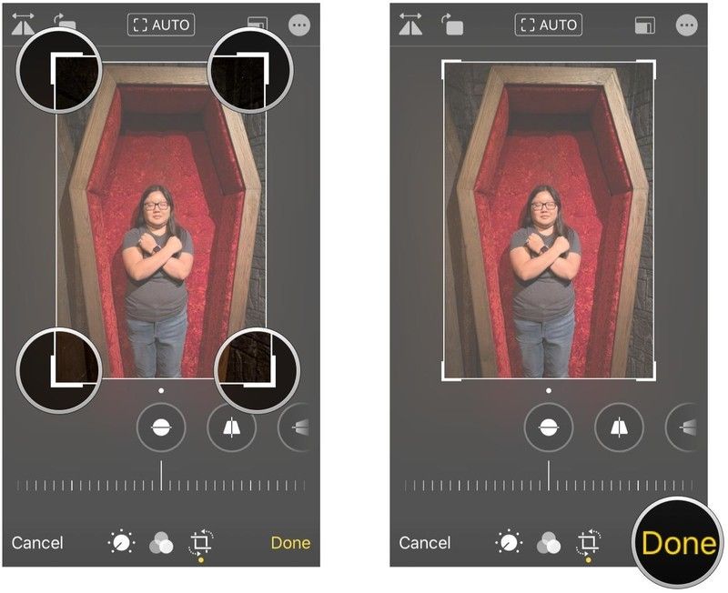 Перетащите угловые ручки до обрезки, нажмите Готово, чтобы сохранить