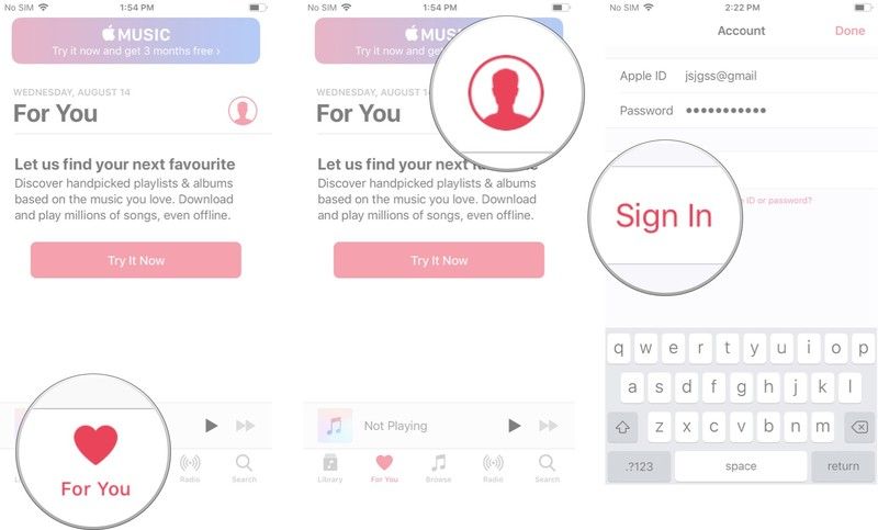 Запустите приложение «Музыка», нажмите «Для вас», нажмите значок учетной записи, а затем введите свой Apple ID и войдите в систему.