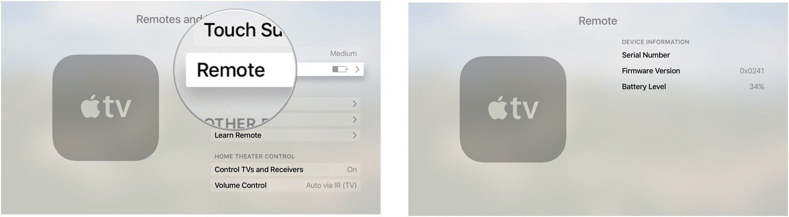 Проверка процента заряда батареи Siri Remote на Apple TV