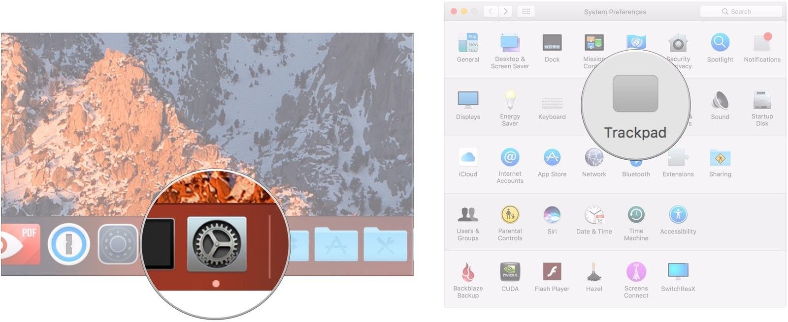 Откройте Системные настройки, нажмите Трекпад