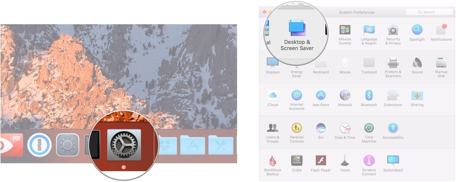 Откройте «Системные настройки», нажмите «Рабочий стол и заставка».