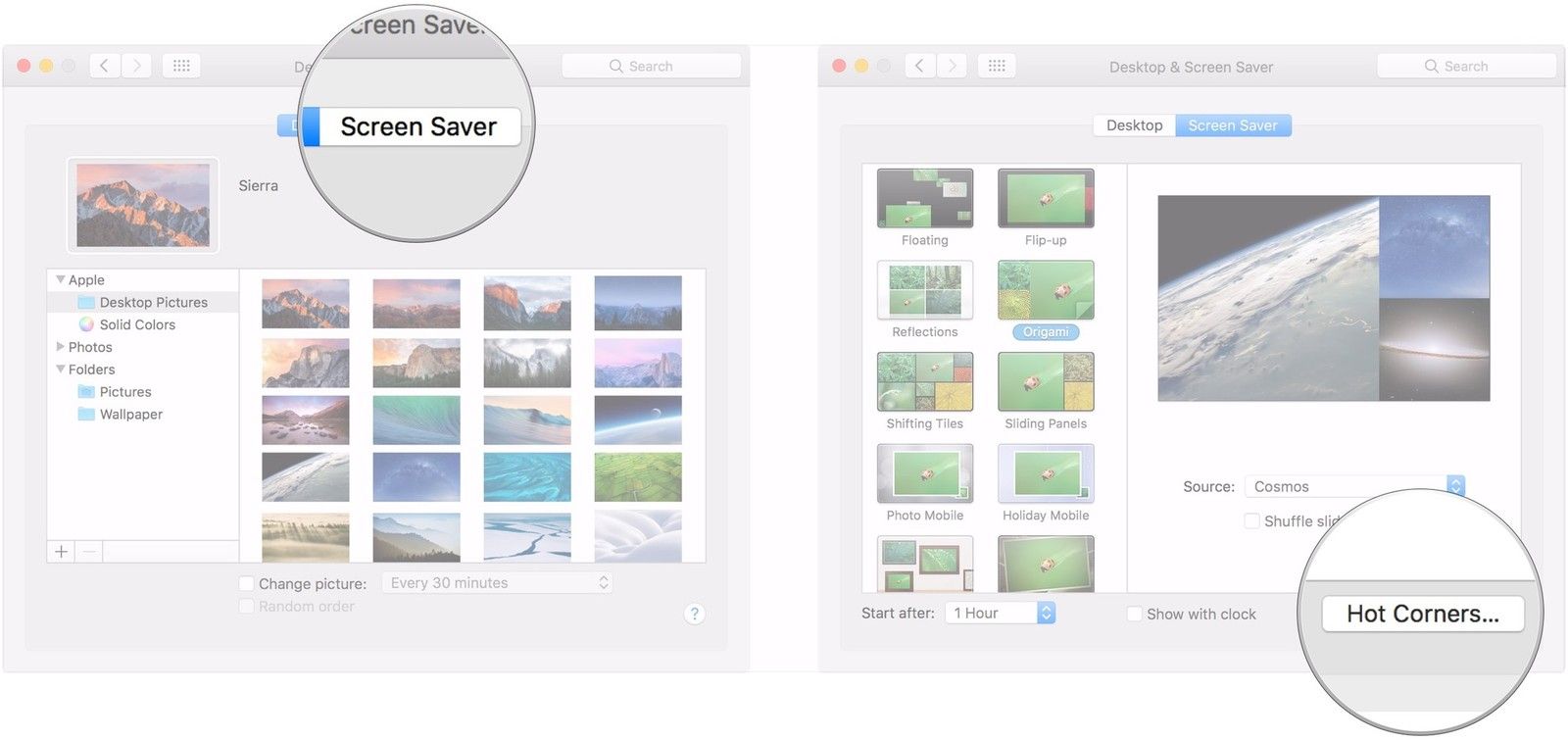 Нажмите Заставка, нажмите Горячие углы