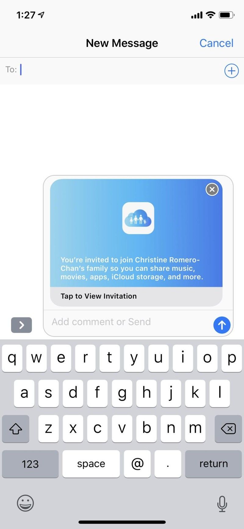 iOS 12 Family Sharing приглашение через iMessage