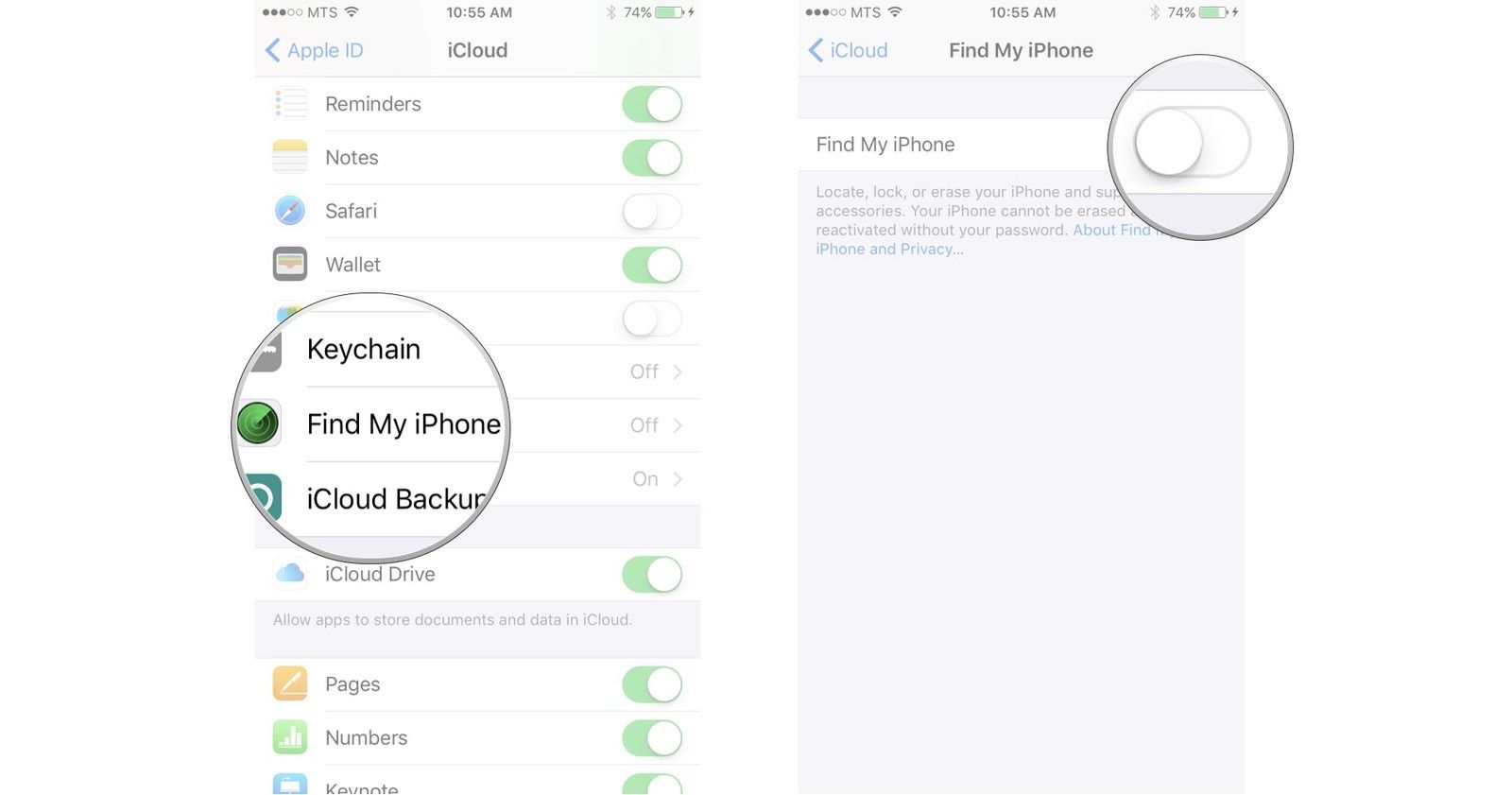 Нажмите &laquo;Найти мой iPhone&raquo;, нажмите переключатель рядом с &laquo;Найти мой iPhone&raquo;.