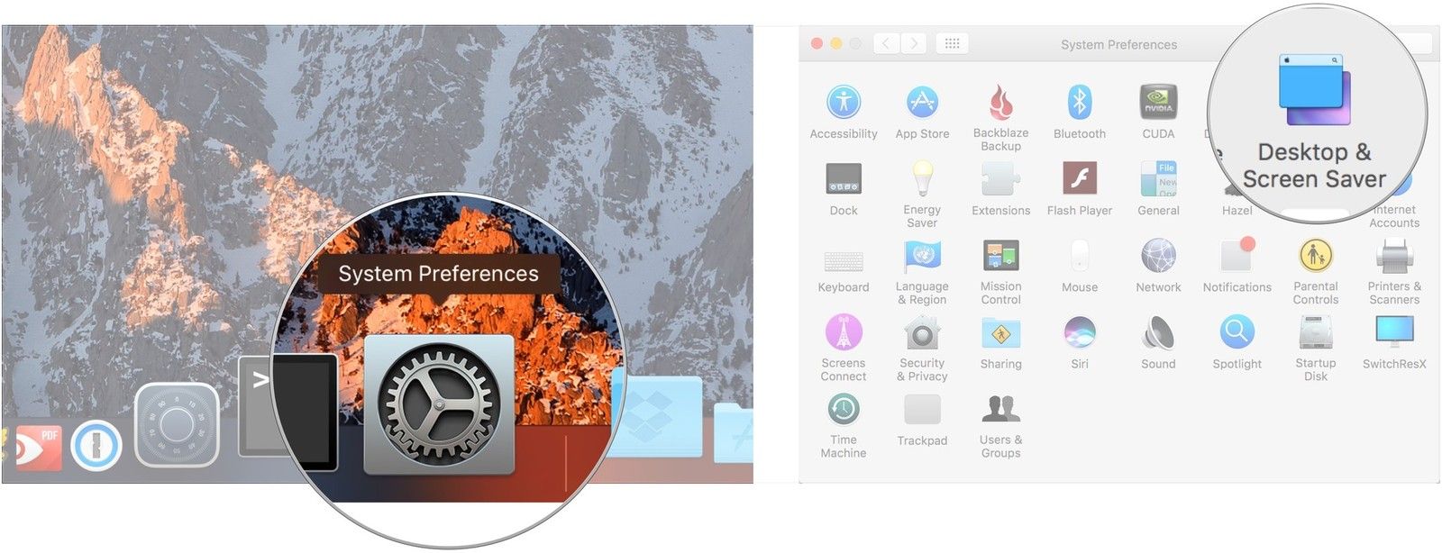 Откройте &laquo;Системные настройки&raquo;, нажмите &laquo;Рабочий стол и заставка&raquo;.