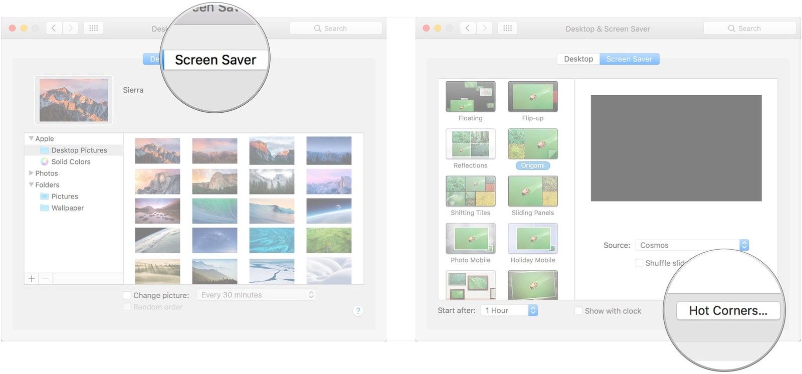 Нажмите Заставка, нажмите Горячие углы