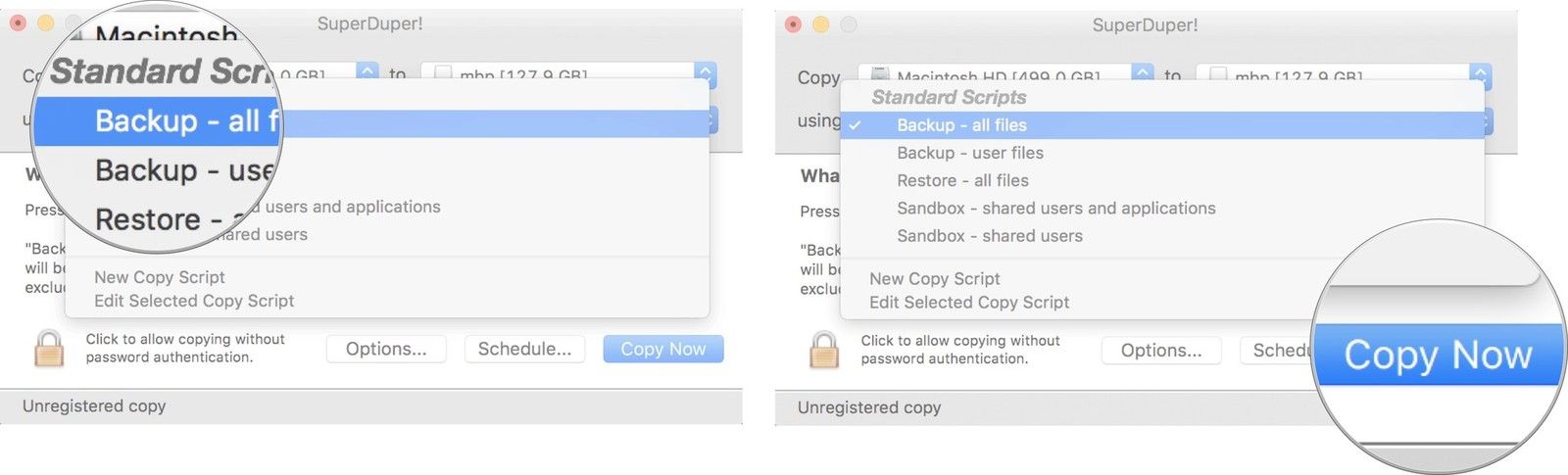 Выберите Backup - All Files, затем нажмите Copy Now.