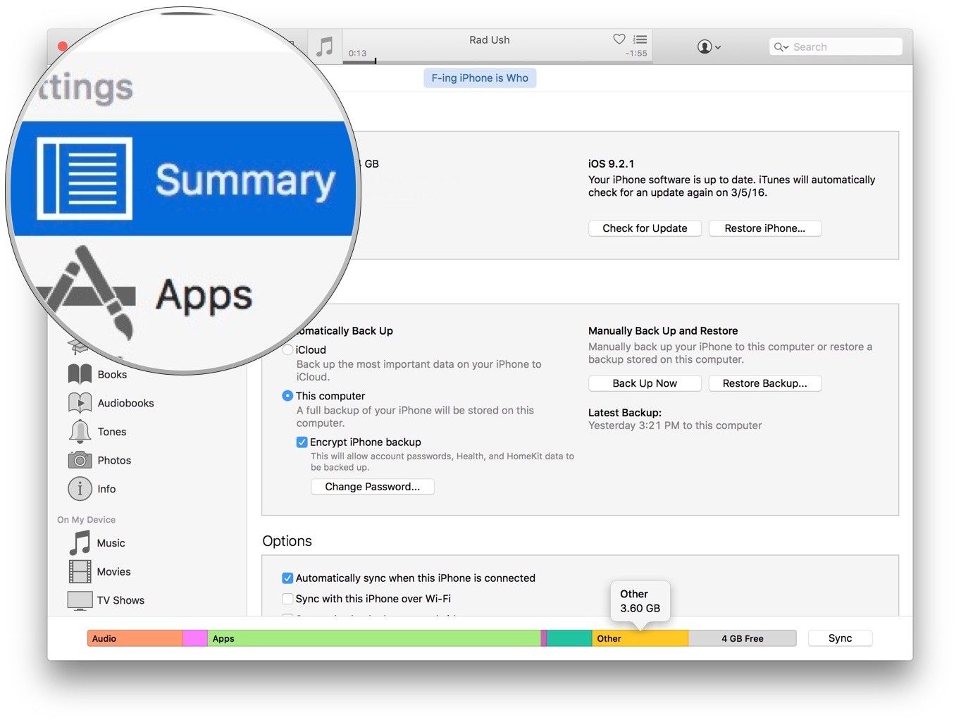 Сводка устройства в iTunes
