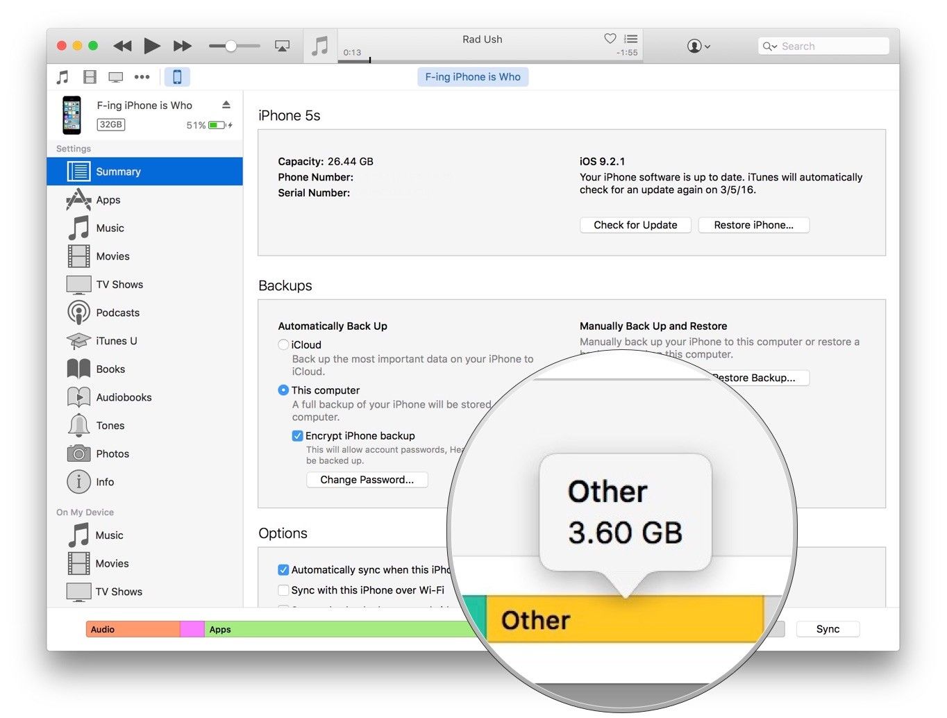 Проверка другого хранилища iPhone в iTunes