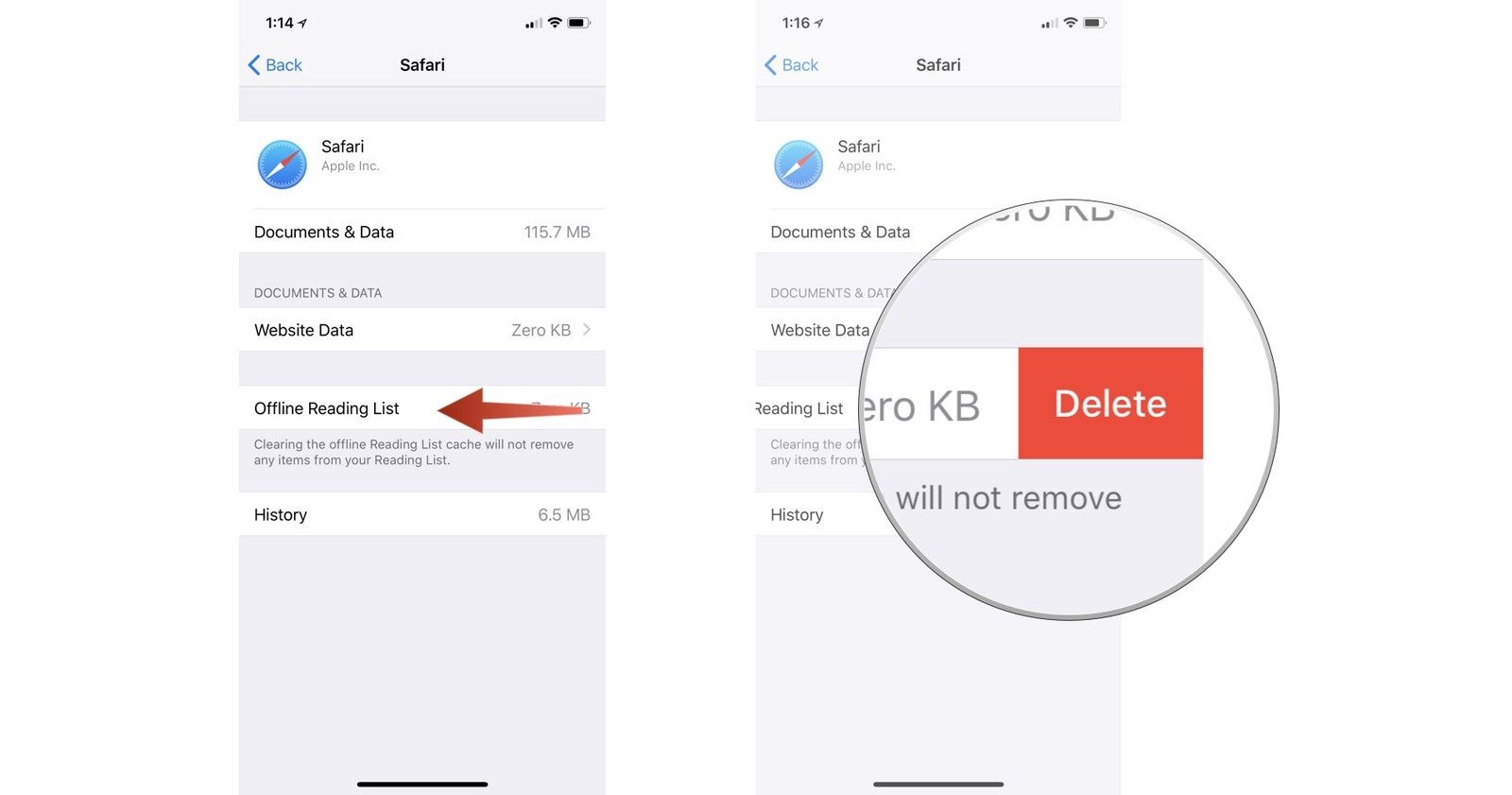 Проведите влево в списке чтения в автономном режиме, нажмите «Удалить».