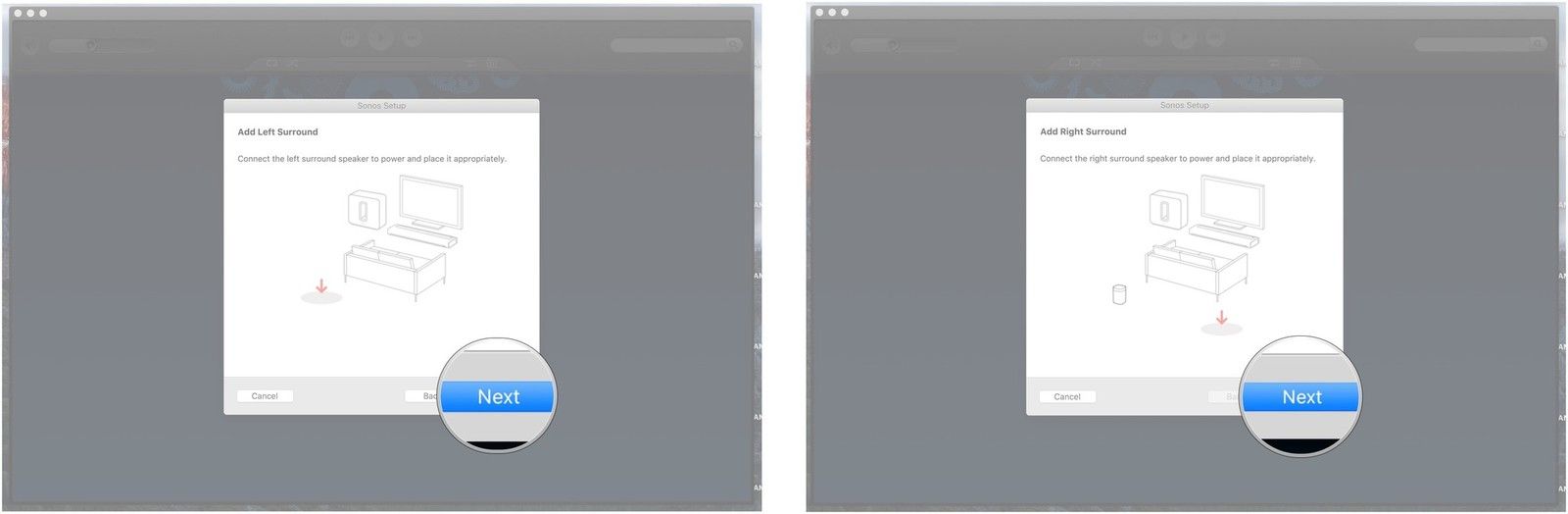 Нажмите Next, когда ваш левый объемный источник подключен к источнику питания, следуйте инструкциям на экране, нажмите Next, нажмите Next