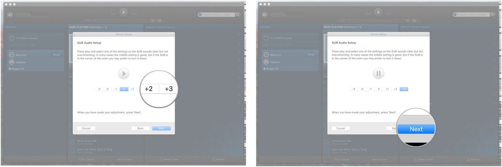 Нажмите кнопку воспроизведения, выберите настройку низких частот, нажмите «Далее».