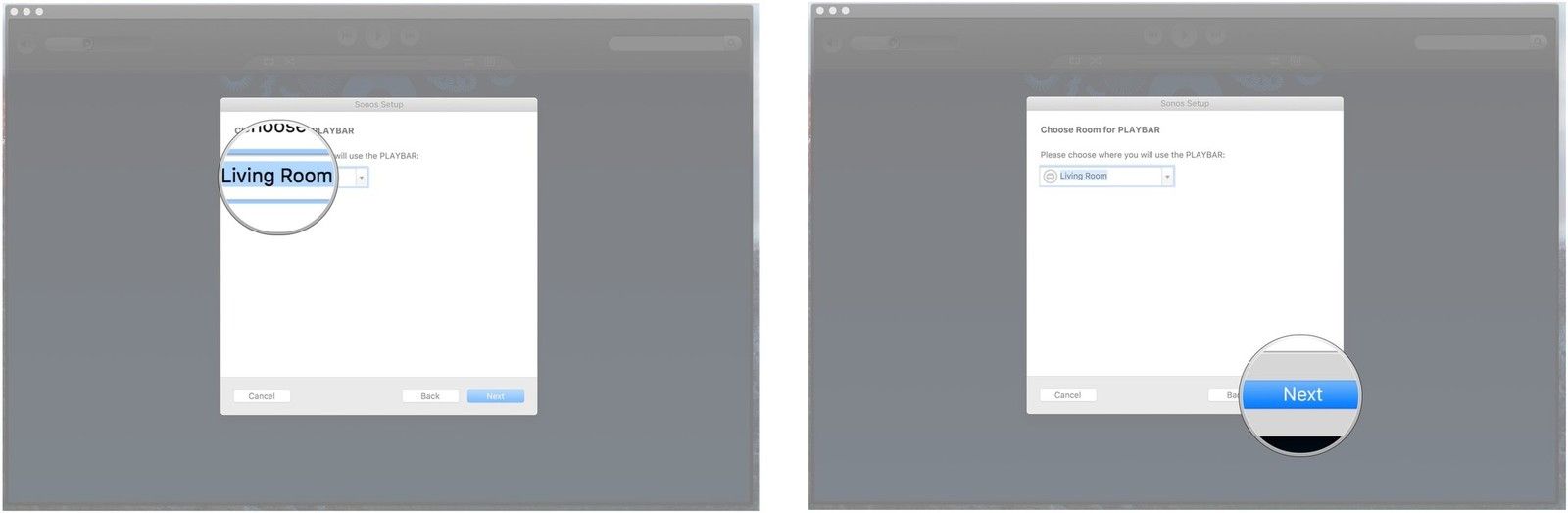 Нажмите выпадающее меню, выберите комнату, в которой вы'll have your home theater, click Next