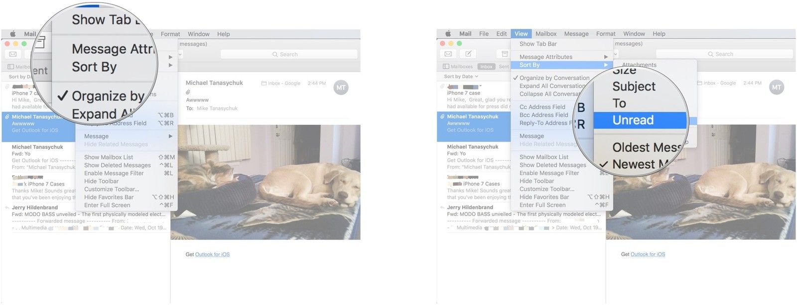 Нажмите View, нажмите Sort By, нажмите Unread