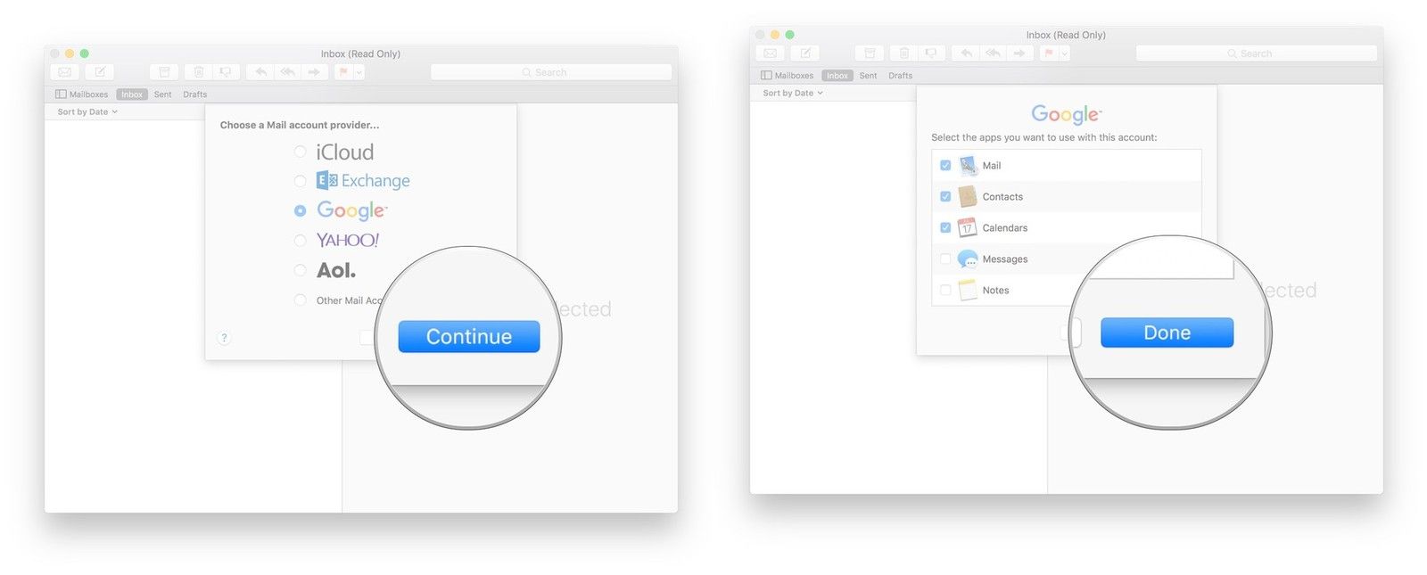 Выберите поставщика электронной почты, нажмите «Продолжить», введите свой адрес электронной почты и пароль, установите флажок рядом с каждым приложением, которое вы хотите использовать с этой учетной записью, нажмите «Готово».