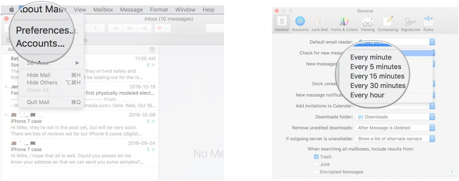 Нажмите «Почта», нажмите «Настройки», перейдите на вкладку «Общие», щелкните раскрывающийся список рядом с пунктом «Проверить наличие новых сообщений», выберите периодичность.