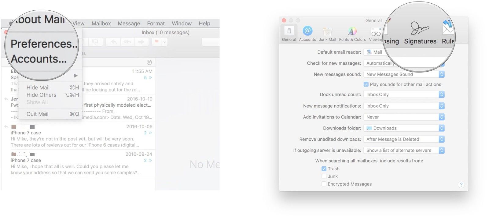 Нажмите Почта, нажмите Настройки, перейдите на вкладку Подписи