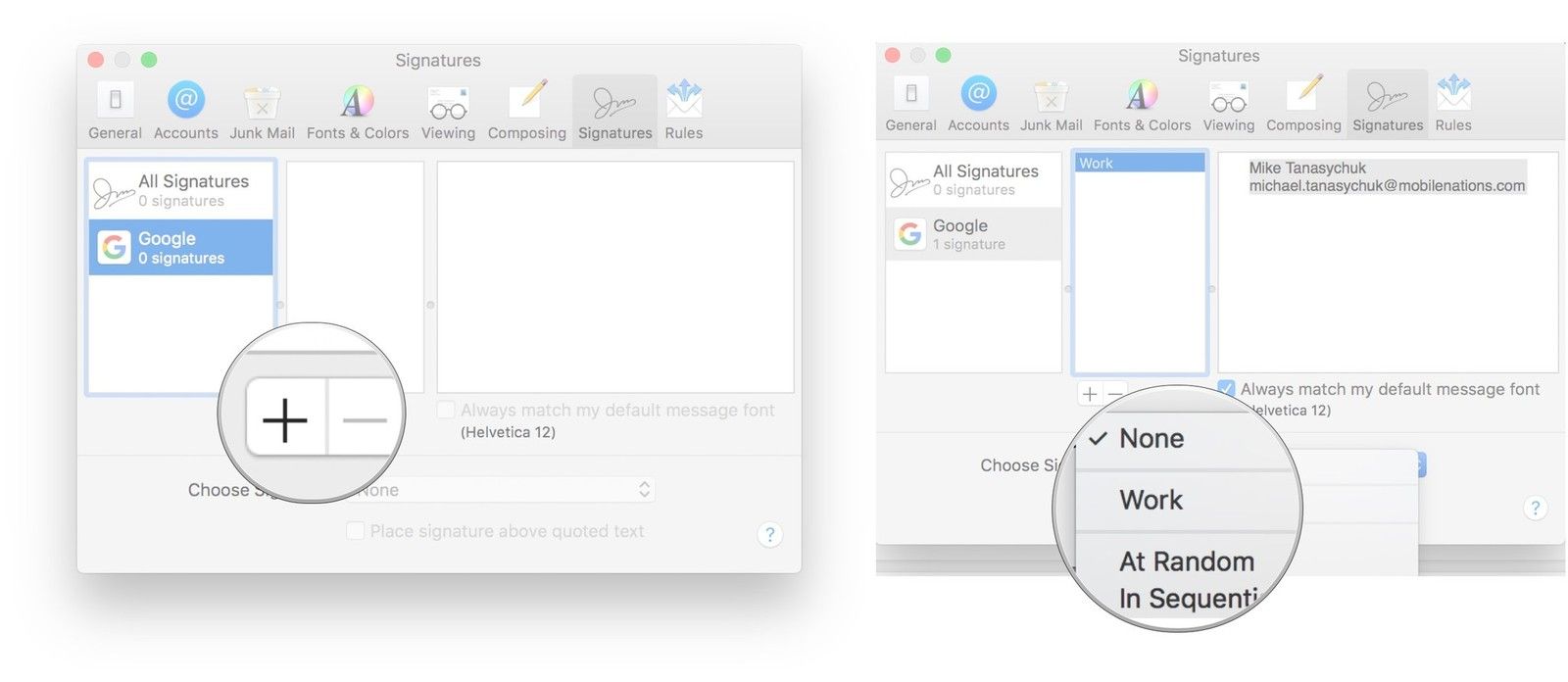 Щелкните учетную запись, в которую вы хотите добавить подпись, нажмите кнопку «Добавить», введите свою подпись и присвойте ей имя, щелкните раскрывающийся список рядом с «Выбрать подпись», выберите параметр