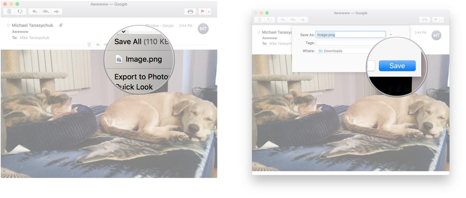 Наведите курсор мыши на область над сообщением, щелкните раскрывающийся список, щелкните имя вложения, нажмите Сохранить.