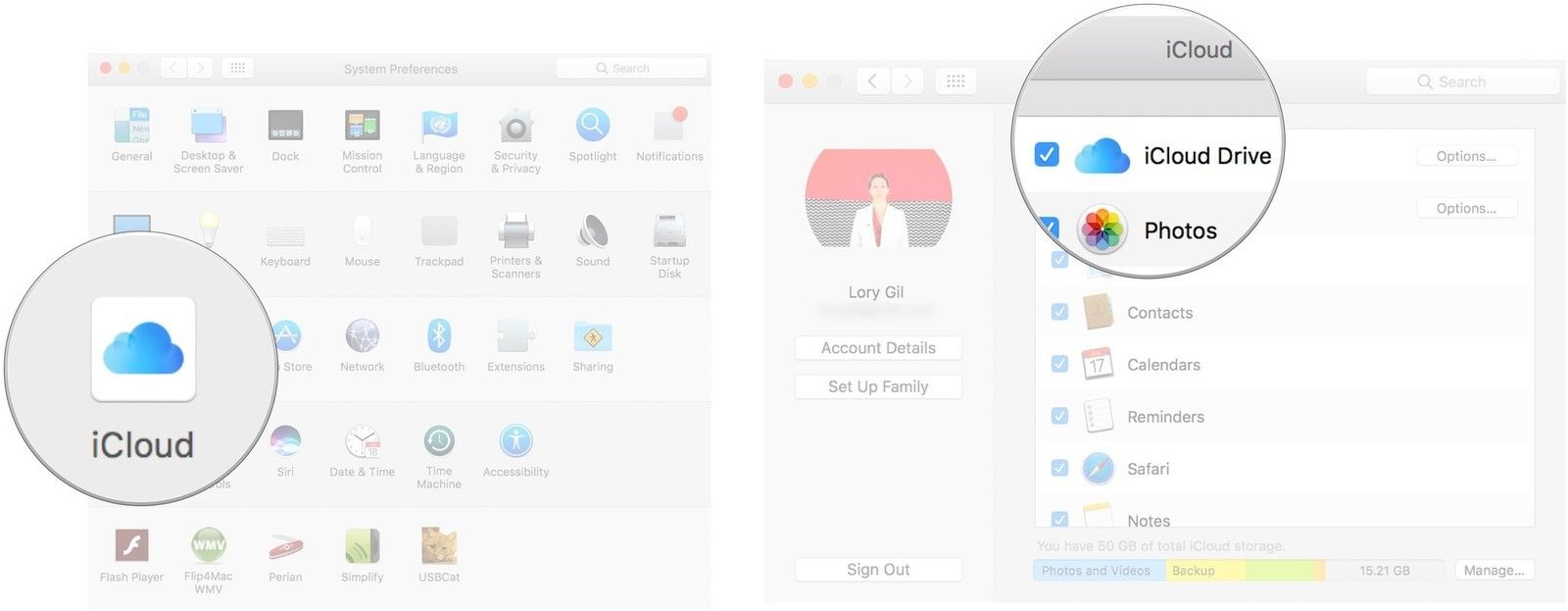 Нажмите на iCloud, затем установите флажок, чтобы включить iCloud Drive