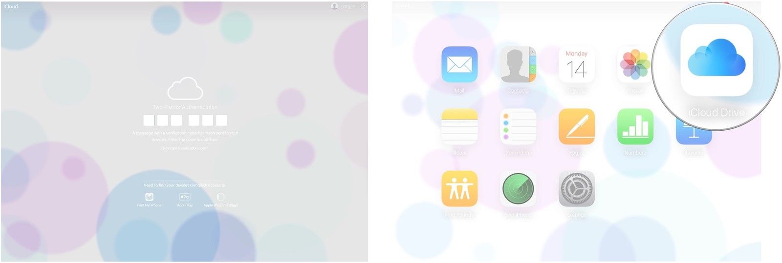 Введите код подтверждения, затем нажмите на iCloud Drive