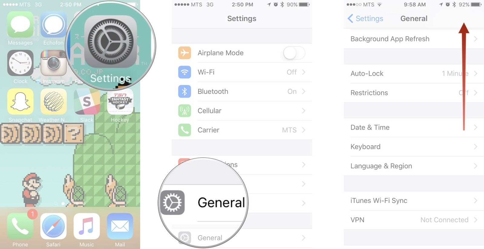 Запустите настройки на главном экране, нажмите кнопку «Общие» и прокрутите меню вниз.