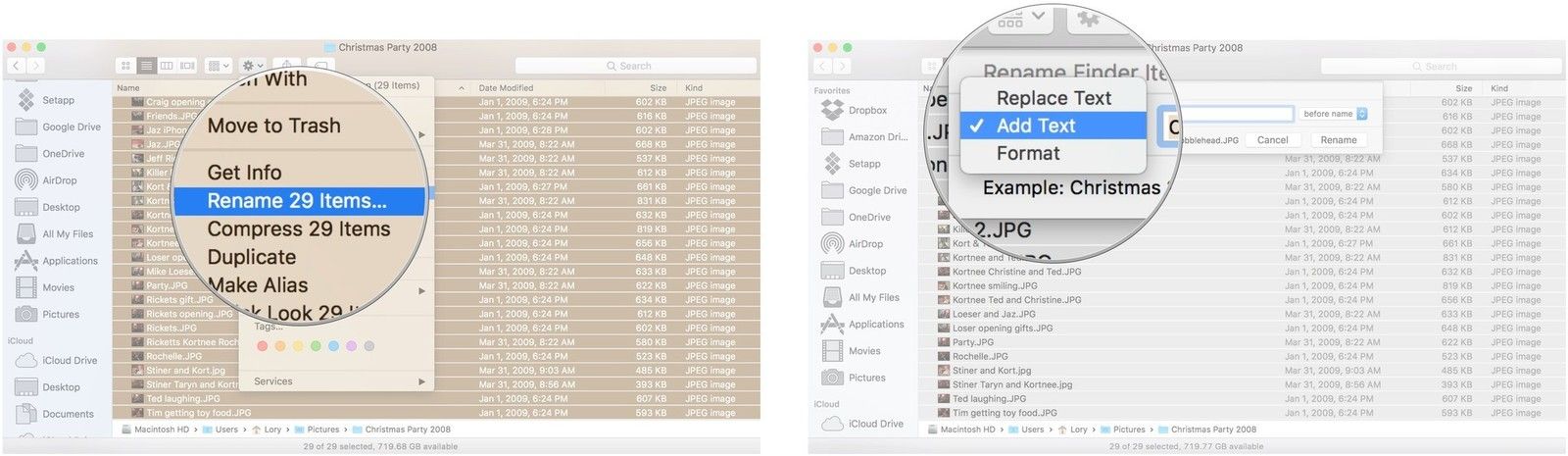 Нажмите на Переименовать элементы, затем нажмите Добавить текст
