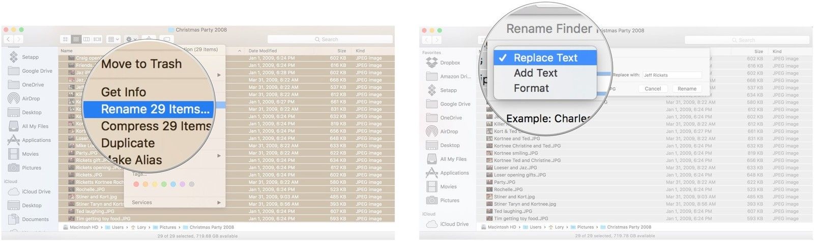 Нажмите на Переименовать элементы, затем нажмите Заменить текст