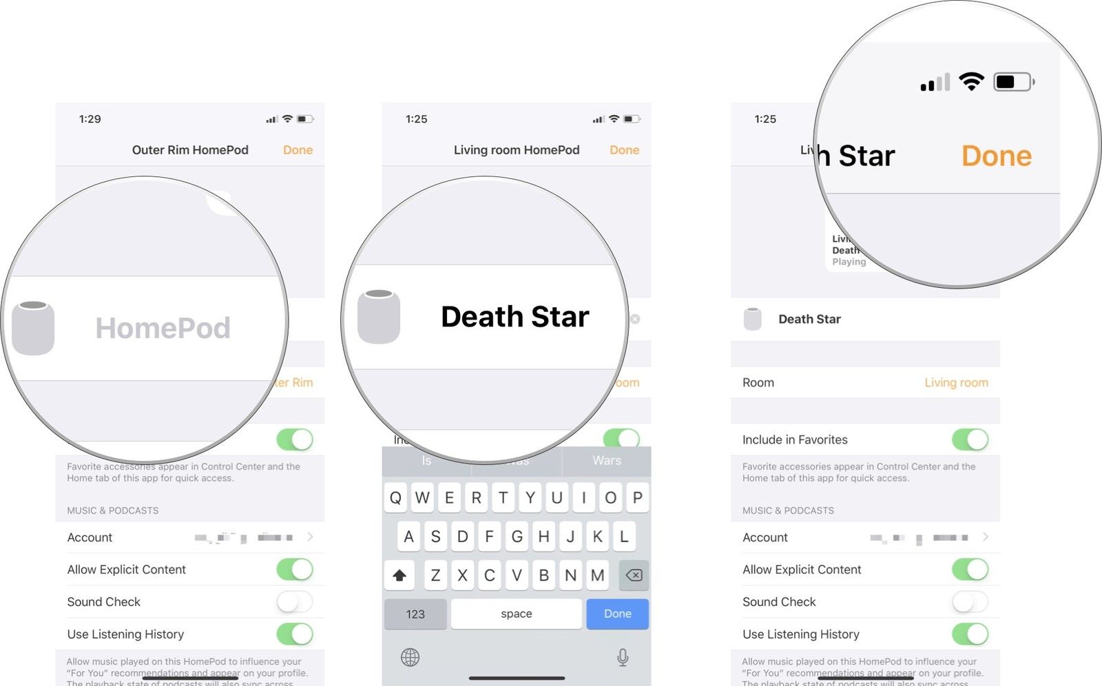 Нажмите HomePod, переименуйте ваш Homepod, затем нажмите &laquo;Готово&raquo;.