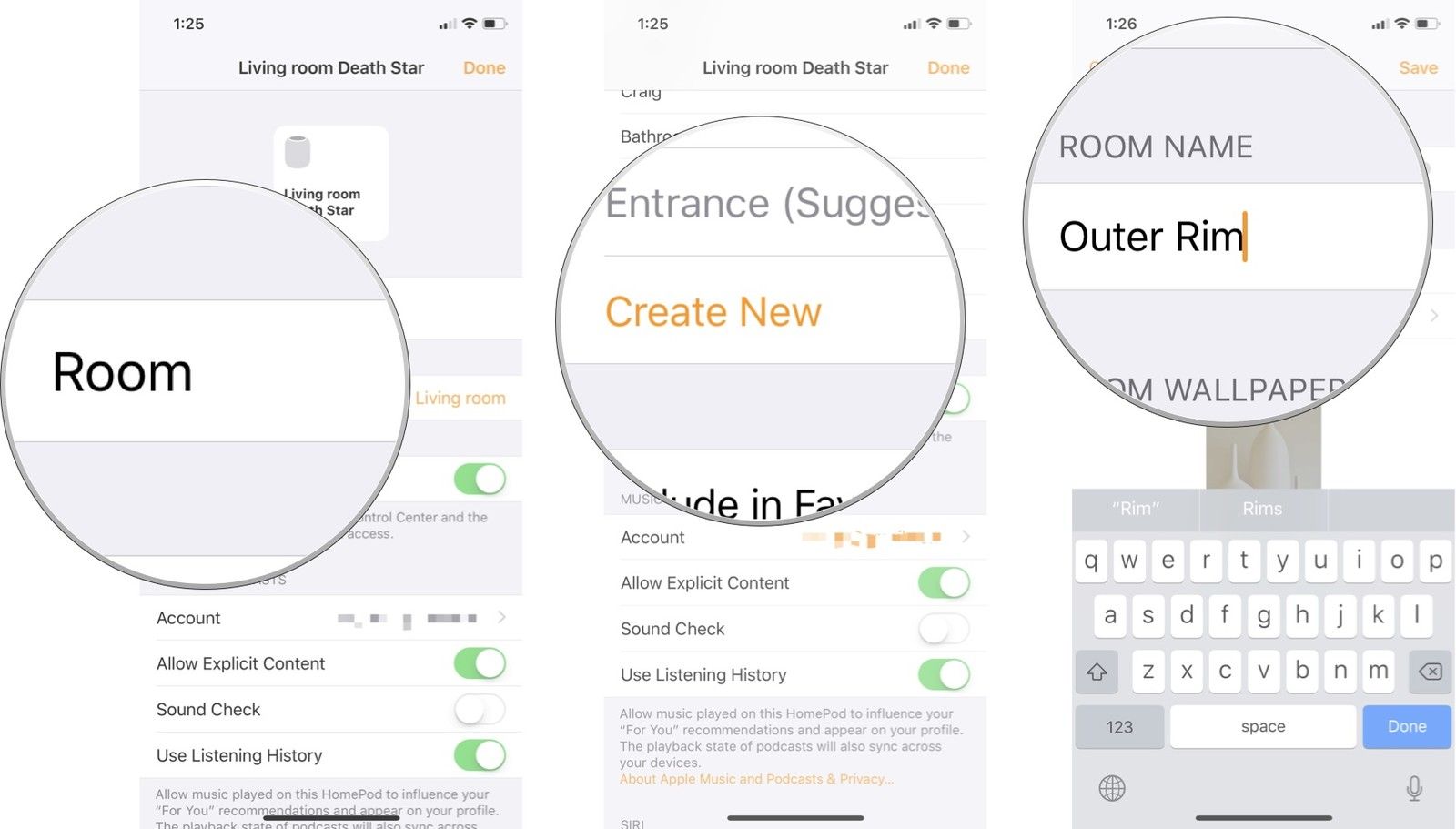 Нажмите Комната, нажмите Создать новую, затем переименуйте комнату