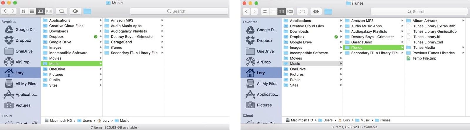 Выберите папку «Музыка», затем выберите iTunes и перетащите папку в корзину.