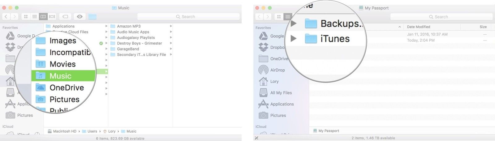 Выберите папку «Музыка» на локальном жестком диске, затем выберите iTunes на внешнем жестком диске и перетащите ее в папку «Музыка» на локальном жестком диске.