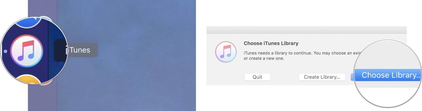 Запустите iTunes, затем нажмите «Выбрать библиотеку»