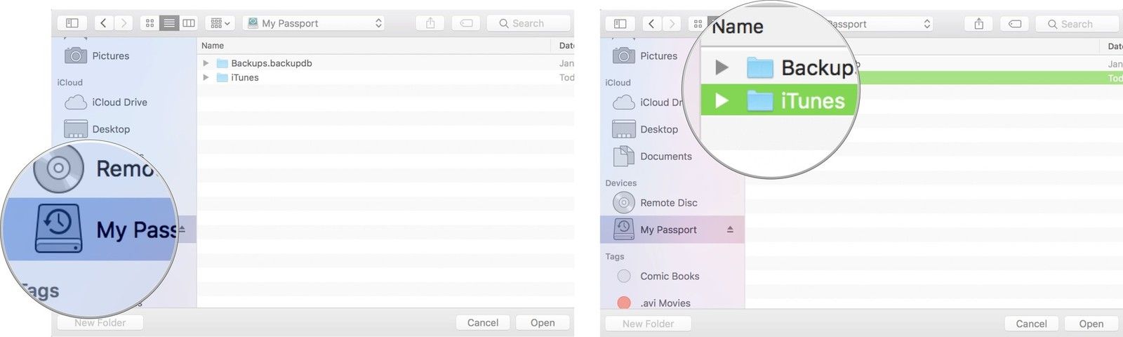 Выберите внешний жесткий диск, затем выберите iTunes, затем нажмите OK.
