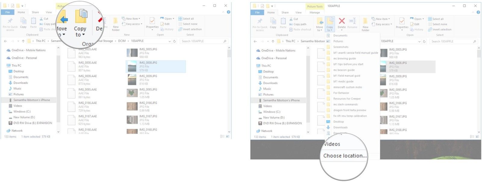 Нажмите Скопировать в. Нажмите Выбрать местоположение.