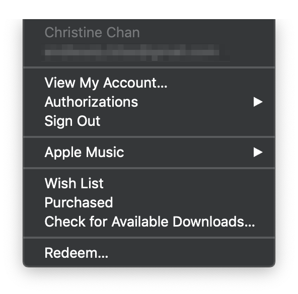 Строка меню учетной записи iTunes mojave