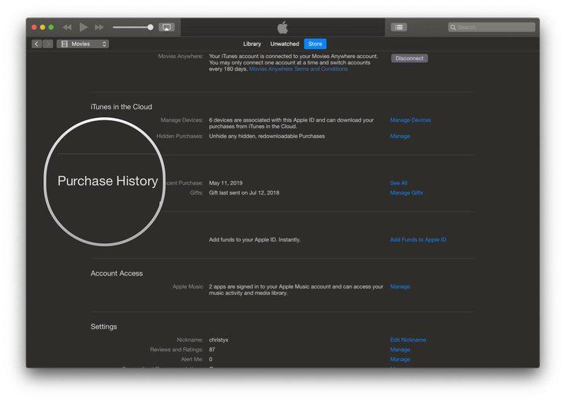 Аккаунт mojave iTunes Просмотреть историю покупок