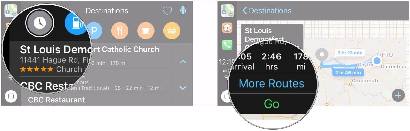 Нажмите на пункт назначения, нажмите Больше маршрутов