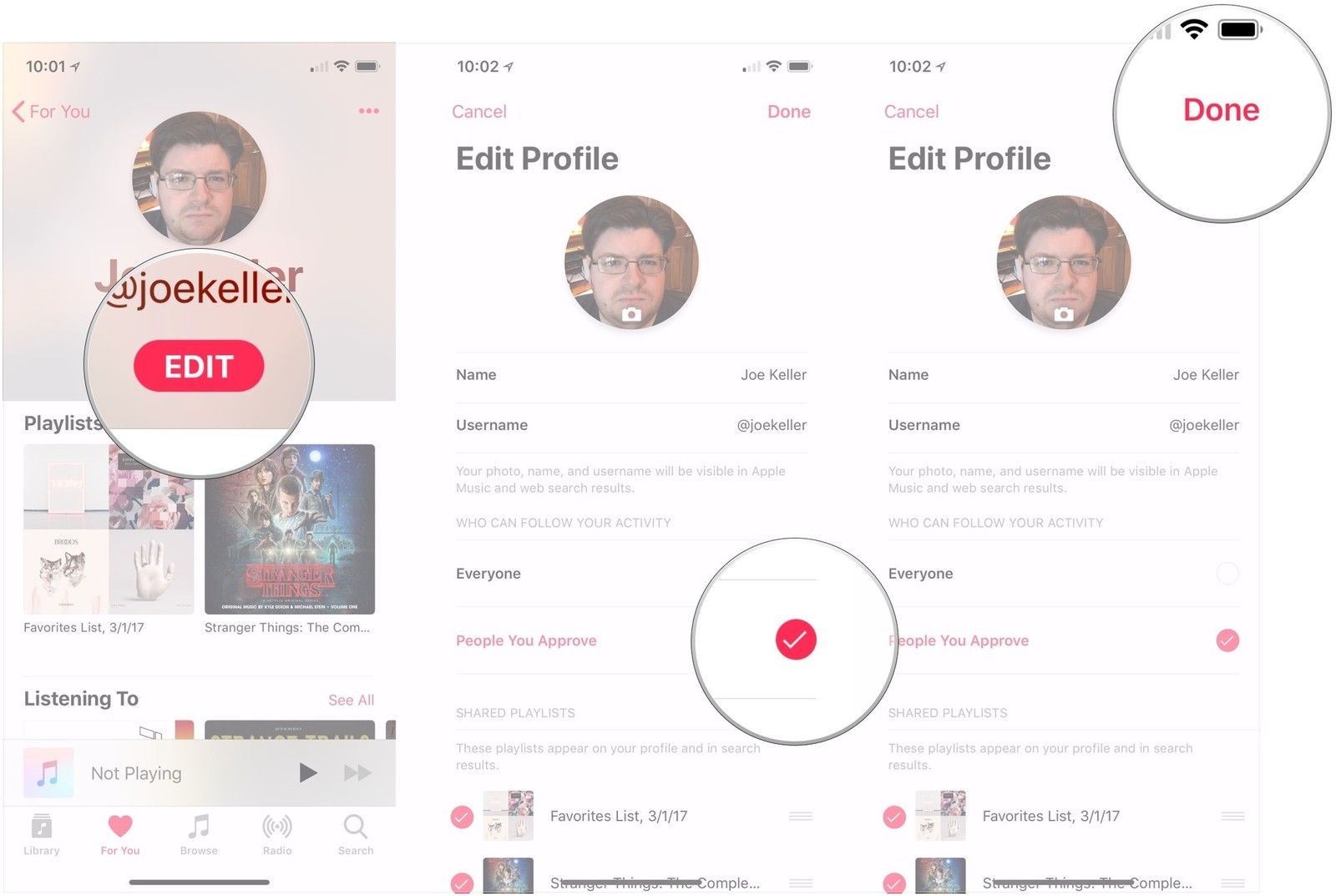 Нажмите «Изменить», нажмите «Люди, которых вы одобряете», нажмите «Готово».